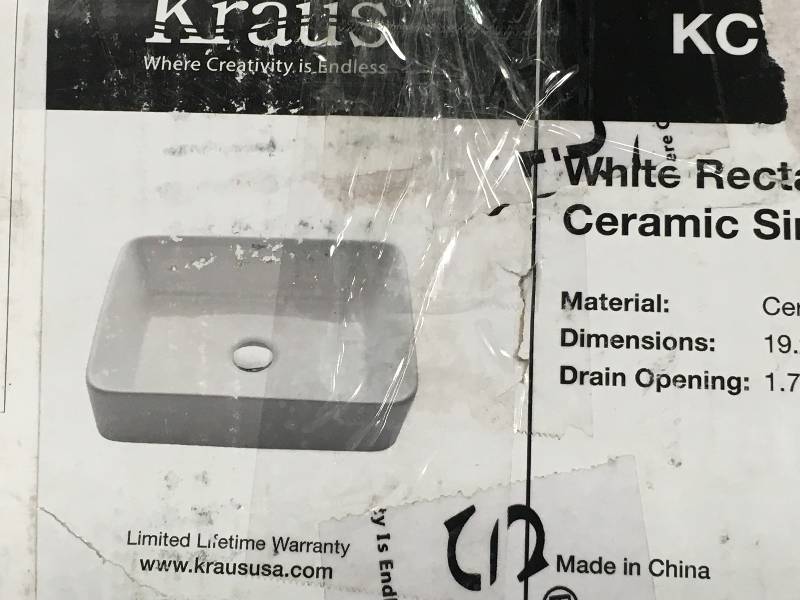 lot 57 image: KRAUS Rectangular Ceramic Vessel Bathroom Sink in White not used