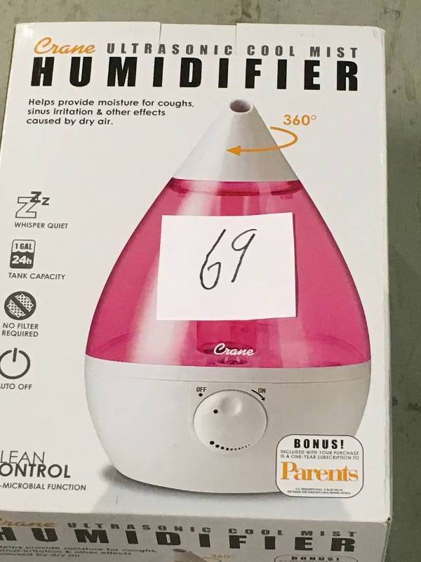 lot 69 image: Crane Pink Drop Shape Ultrasonic Cool Mist Humidifier in like new condition