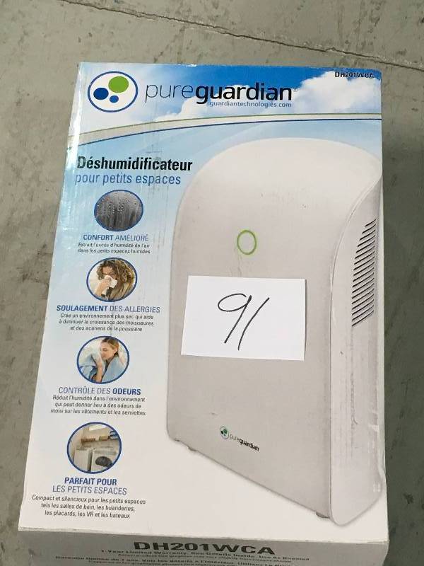 lot 91 image: PureGuardian 0.33 Gal. Small Space Dehumidifier  in good working condition