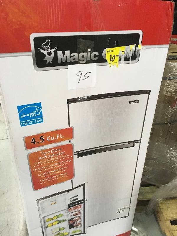 lot 95 image: Magic Chef 4.5 cu. ft. Double Door Mini Refrigerator in Stainless Look not used