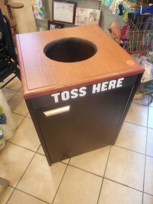 TOSS HERE GARBAGE CAN