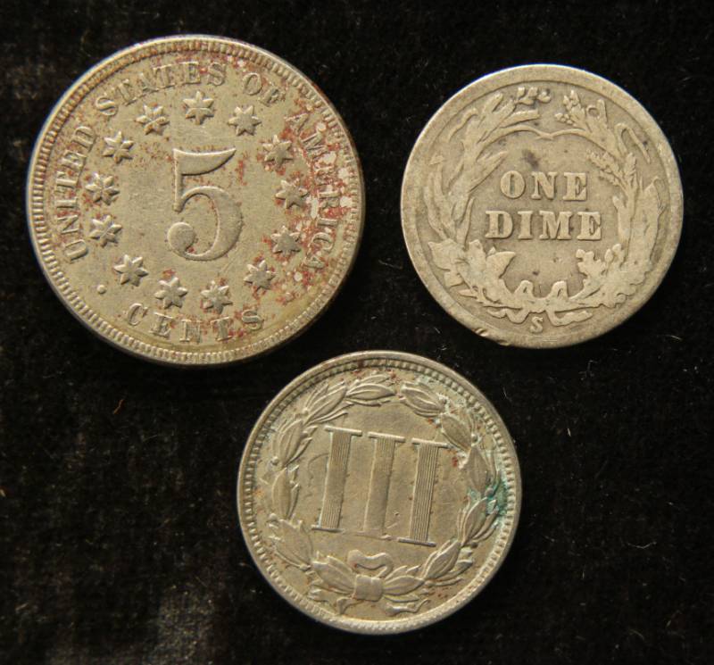 3 US COINS 1866 3C NICKEL, 1868 SHIELD 5C, 1914-S BARBER DIME