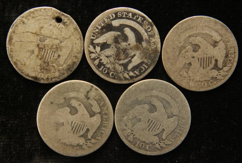 GROUP OF 5 EARLY DATE US SILVER BUST DIMES