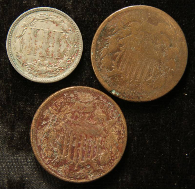 3 US COINS 1865 3C NICKEL, 1865 & 1866 TWO CENT PIECES