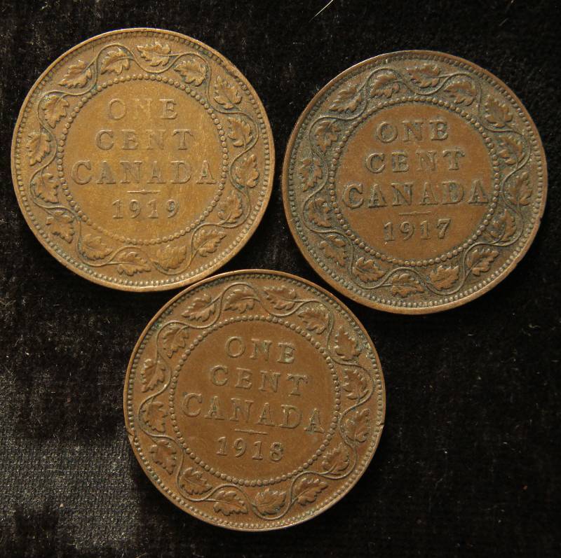 GROUP OF 3 CANADA LARGE CENTS 1917 1918 1919