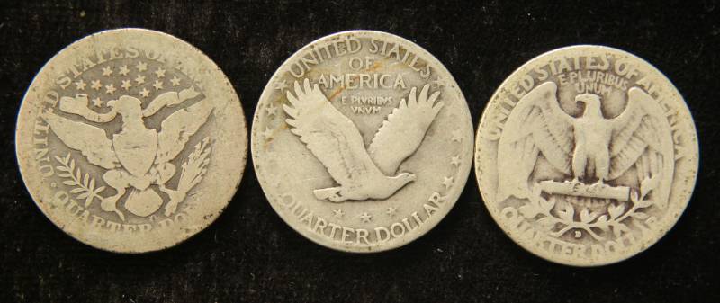 3 SILVER QUARTERS 1898-O BARBER 1925 STANDING 1934-D WASHINGTON