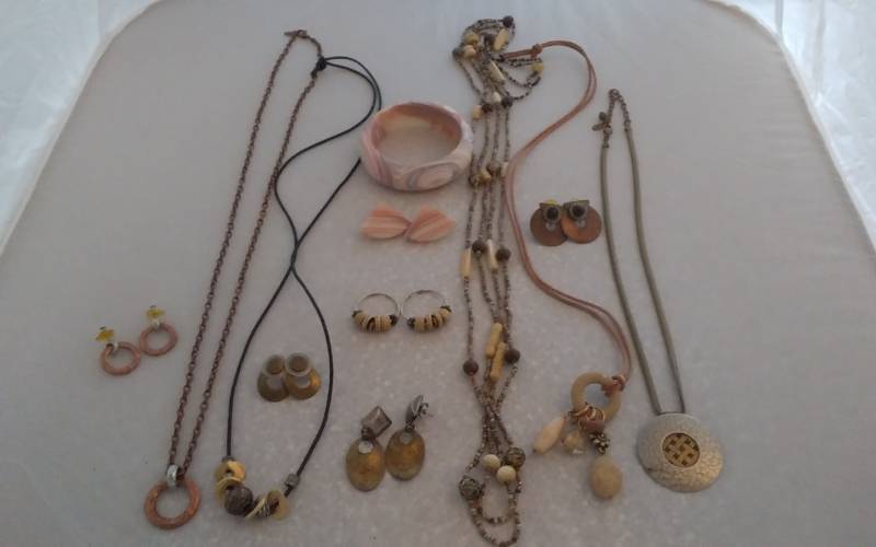 Lot Of Mixed Media Jewelry (Brass, Copper, Wood), Hand Made.  Long Necklaces, Pierced Earrings, Bangle Bracelet