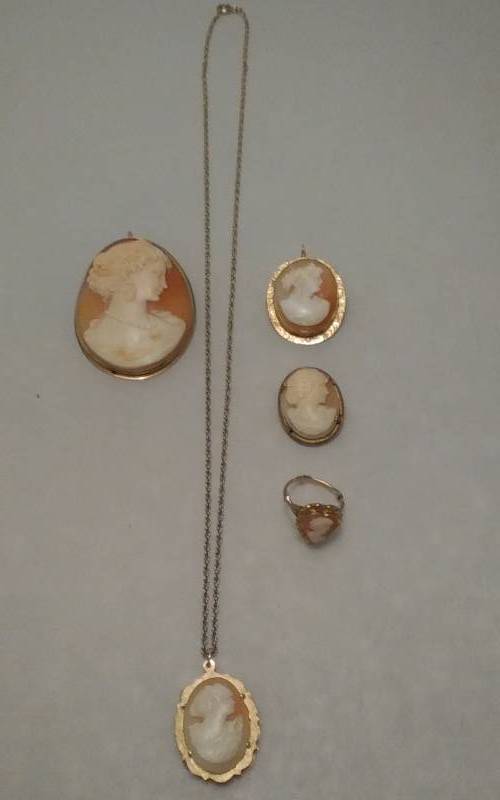 Cameo Collection (Ring-Marked 10K, 2-BroochPendants, 1-Chain With Cameo Charm)