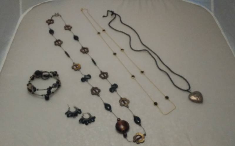 Black Polished Stone Necklace, Beaded Bracelet, 2-Other Necklaces, 1-Pair Pierced Earrings With Black Stones