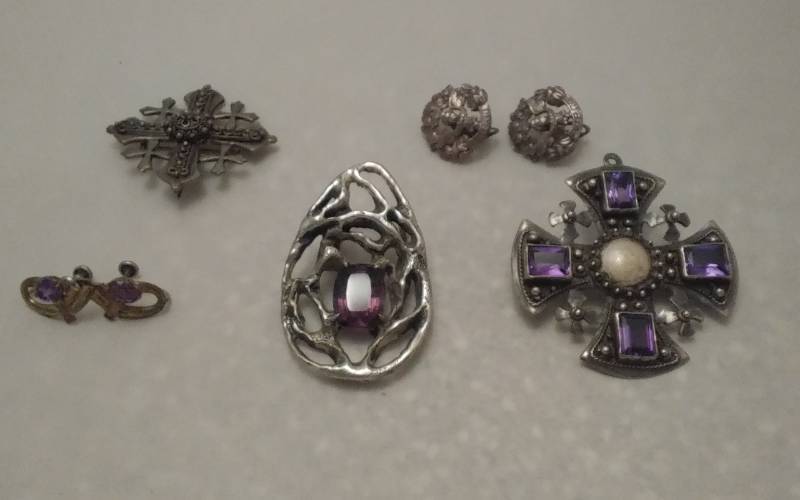 Large Sterling Brooch With Purple Stones (Marked Bethlehem)
