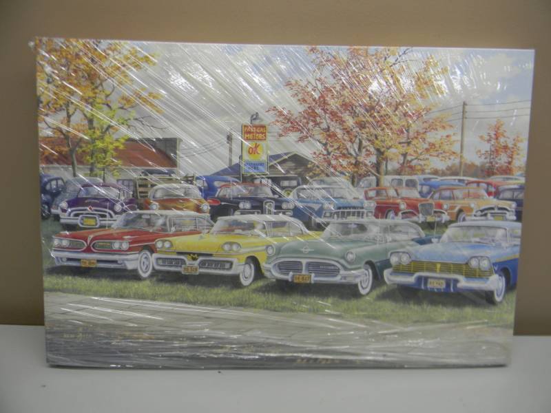 lot 14 image: PAST GAS OLD TIME CAR LOT BY KEN ZYLLA - 24 BY 16 CANVAS NEW & READY TO HANG - SEE PICTURES