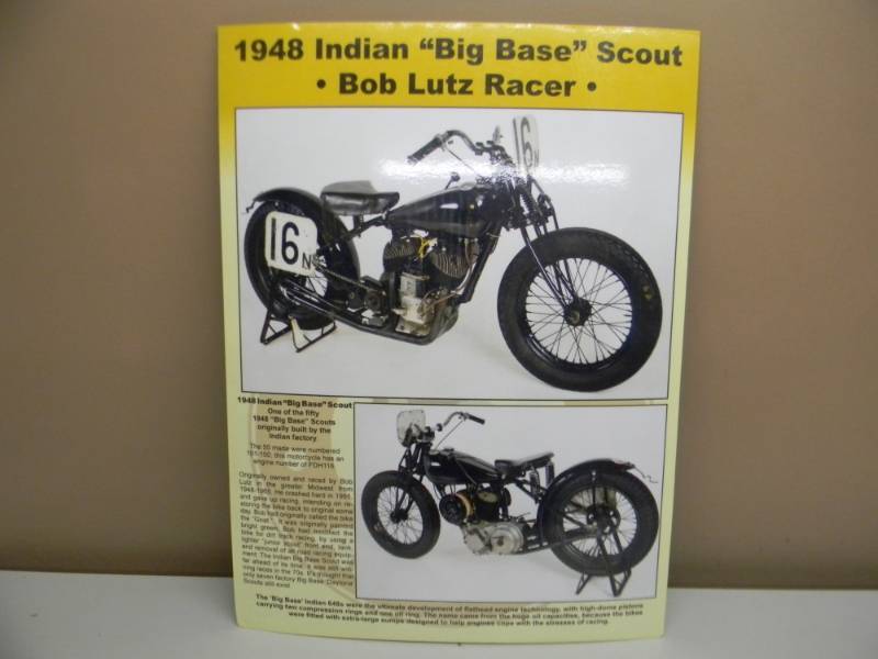 lot 35 image: VINTAGE 1948 INDIAN BIG BASE SCOUT, BOB LUTZ RACER POSTER ON HARDBOARD - NICE COLLECTIBLE - APPROX 18 BY 24 - SEE PICTURES