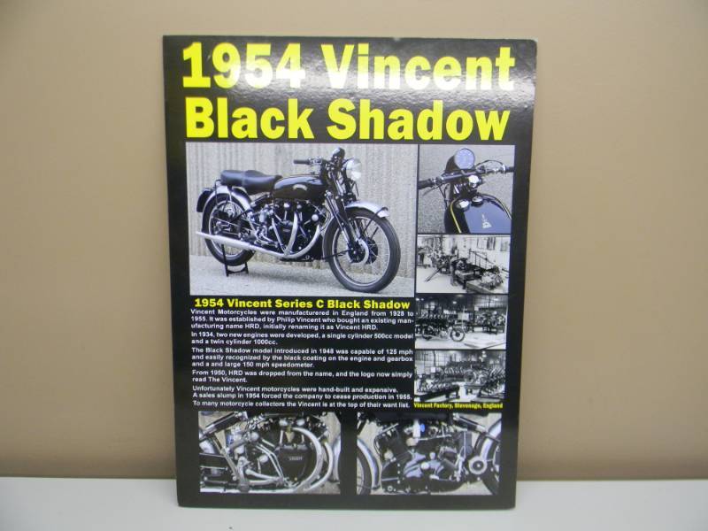 lot 36 image: VINTAGE 1954 VINCENT BLACK SHADOW POSTER ON HARDBOARD - NICE COLLECTIBLE - APPROX 18 BY 24 - SEE PICTURES