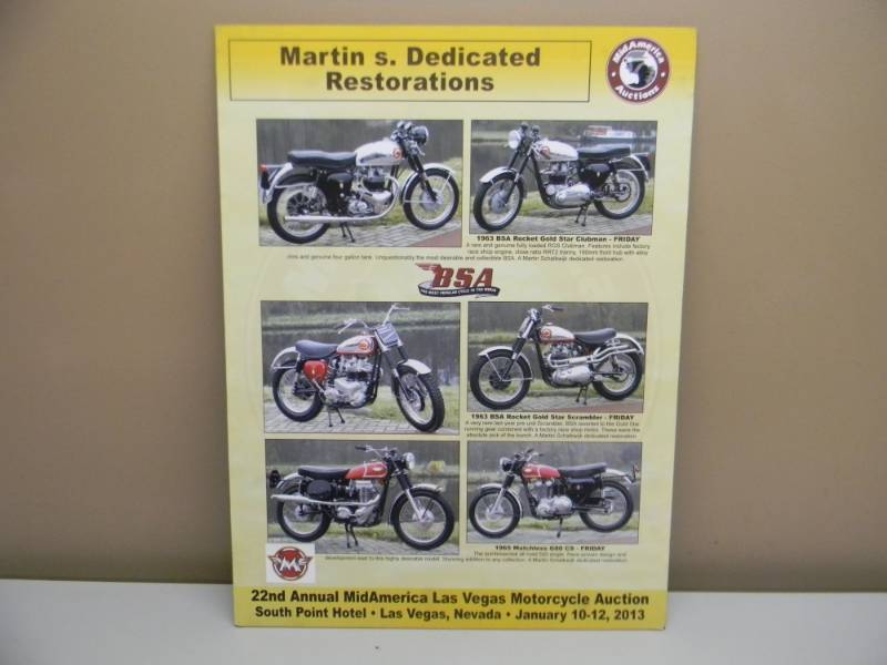 lot 38 image: VINTAGE BSA MOTORCYCLE AUCTION ADVERTISING POSTER ON HARDBOARD - NICE COLLECTIBLE - APPROX 18 BY 24 - SEE PICTURES