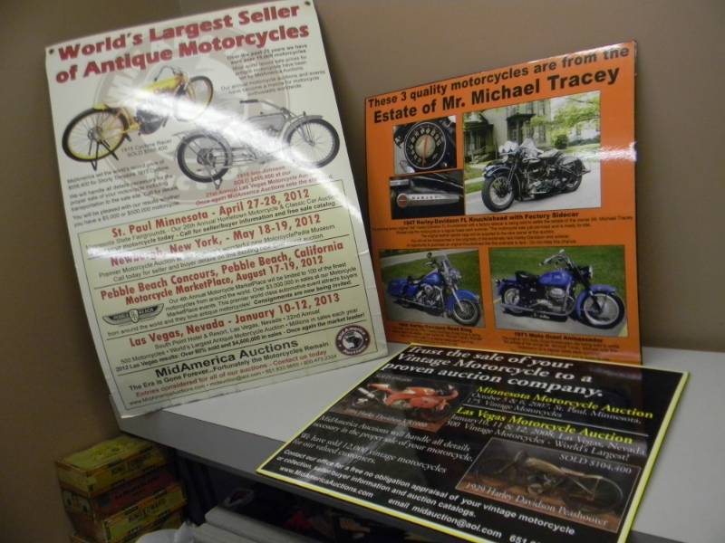 lot 40 image: 3 VINTAGE MOTORCYCLE AUCTION ADVERTISING POSTERS ON HARDBOARD - LARGE & MEDIUM SIZE - SEE PICTURES