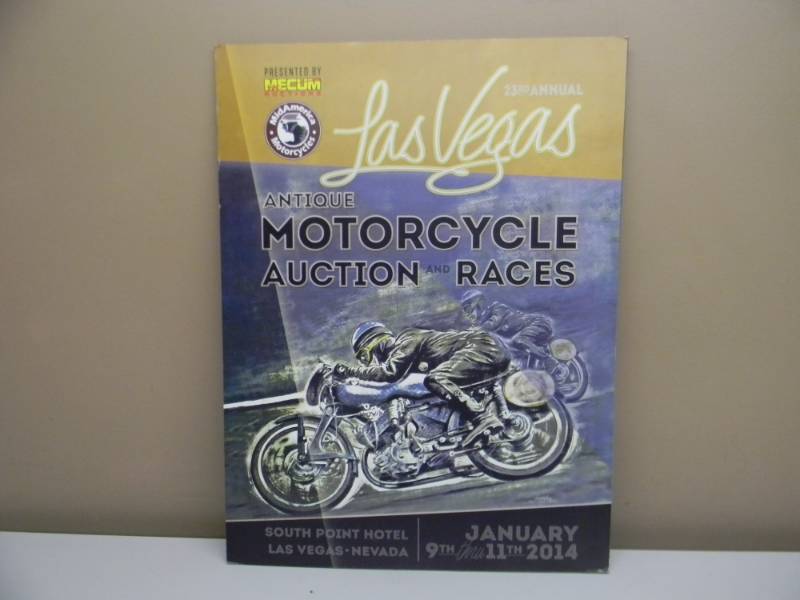 lot 43 image: VINTAGE 2014 LAS VEGAS VINTAGE MOTORCYCLE AUCTION & RACES ADVERTISING POSTER ON HARDBOARD - COOL PIECE - APPROX 18 BY 24 - SEE PICTURES