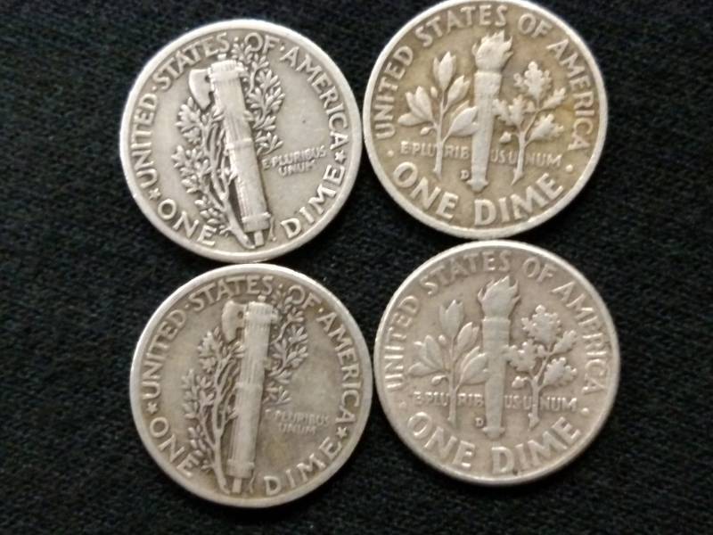 1942, 43, 53 D, & 61 D Silver Dimes...