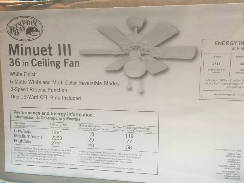lot 2 image: Hampton Bay Minuet III 36 in. Indoor White Ceiling Fan with Light Kit in good working condition
