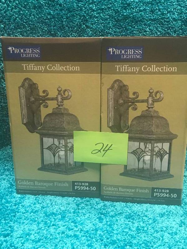 lot 24 image: Progress Lighting Outdoor Wall Bracket Light with Water Patterned Glass Fixture LOT OF 2 new