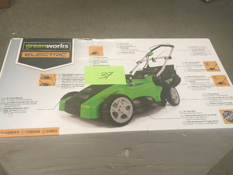 lot 37 image: Greenworks 16 in. 10 Amp Corded Electric Walk Behind Push Mower in good working condition