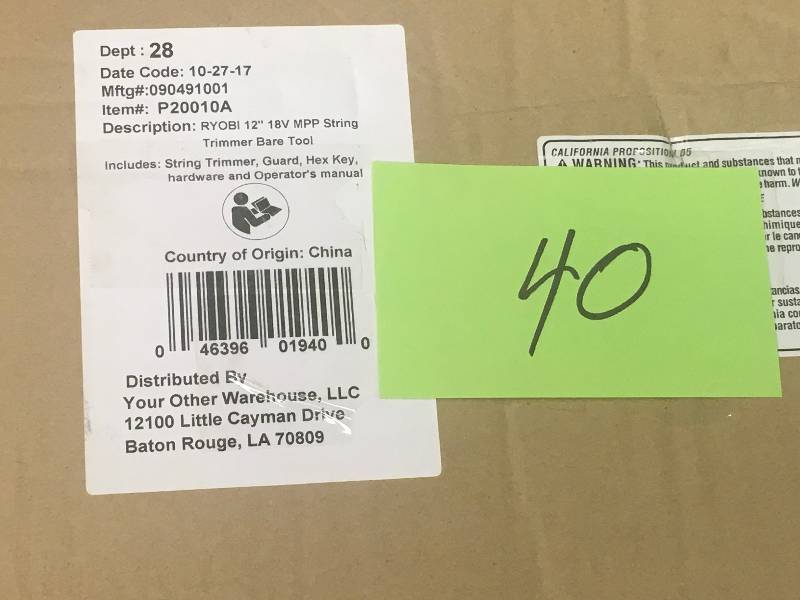 lot 40 image: Ryobi ONE 18-Volt Lithium-Ion Electric Cordless String Trimmer Battery and Charger Not Included in good working condition