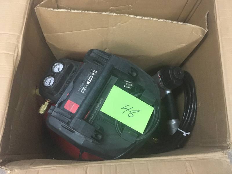lot 48 image: Porter-Cable 6 Gal. 150 PSI Portable Electric Air Compressor, 16-Gauge Nailer, 18-Gauge Nailer and 38 in. Stapler Combo Kit (3-Tool) in good working condition