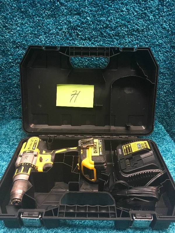 lot 71 image: DEWALT 20-Volt MAX XR Lithium-Ion Cordless Premium Brushless Hammer Drill with 1 Battery 5Ah, Charger and Case USED in good working condition