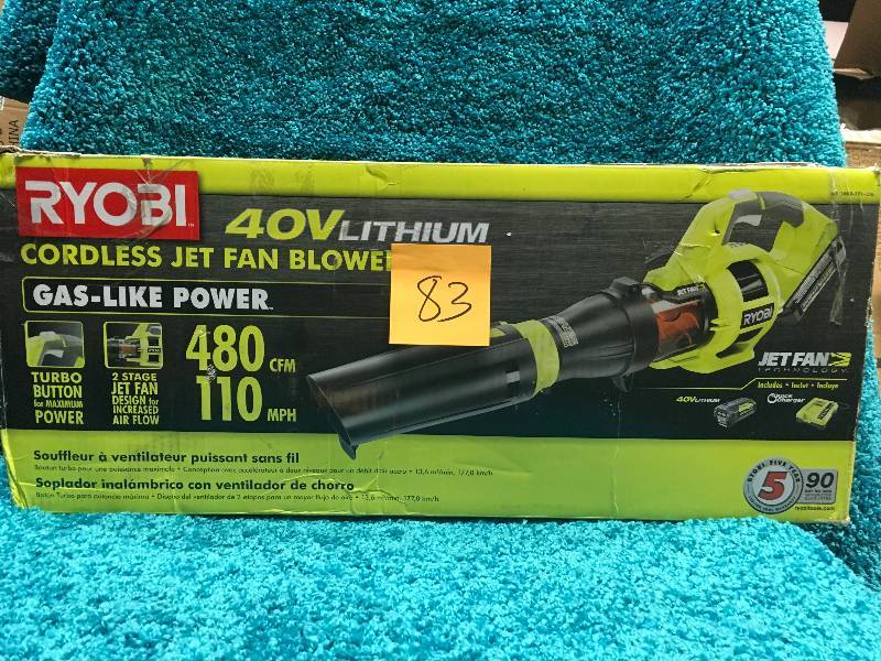 lot 83 image: Ryobi RY40430 40V Lithium Ion 110 MPH Jet Fan Blower TOOL ONLY TESTED in good working condition