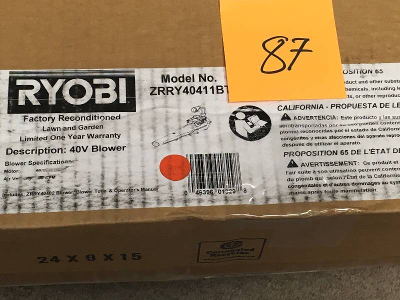 lot 87 image: Ryobi Reconditioned 155 MPH 300 CFM 40-Volt Lithium-Ion Cordless Jet Fan Leaf Blower Battery and Charger Not Included in good working condition
