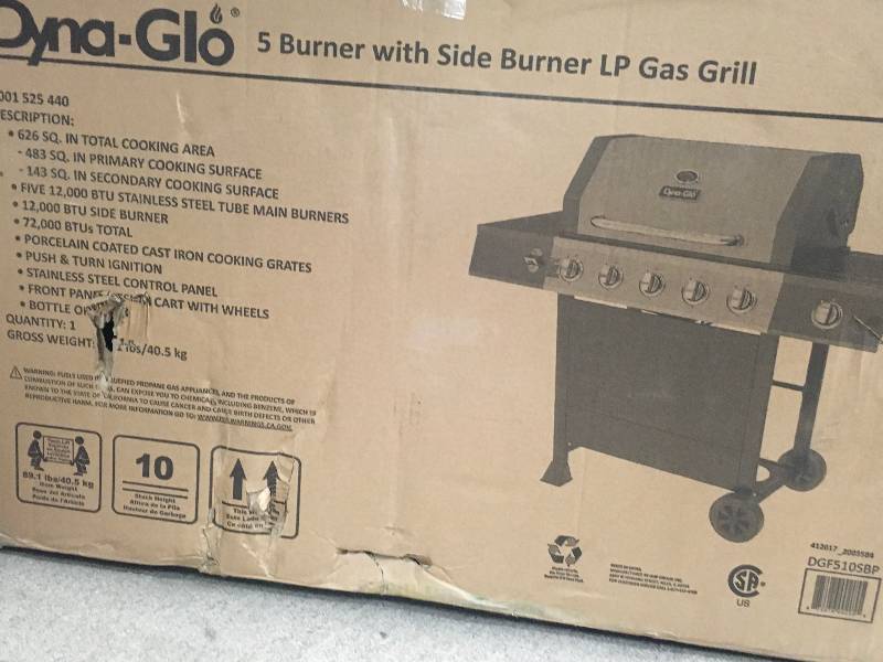 lot 98 image: Dyna-Glo 5-Burner Open Cart LP Gas Grill, Model DGF510SBP-D not used