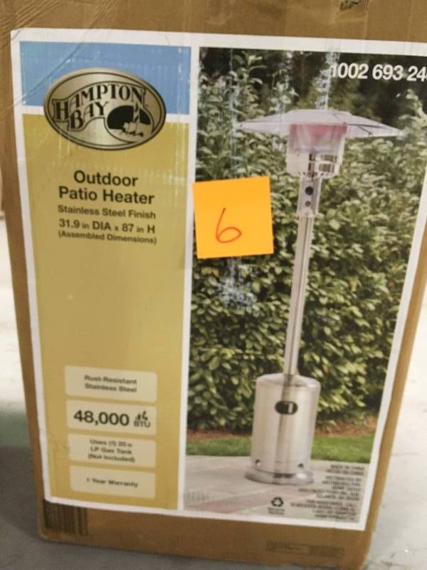 lot 6 image: Hampton Bay 48000 BTU Stainless Steel Patio Heater in like new condition