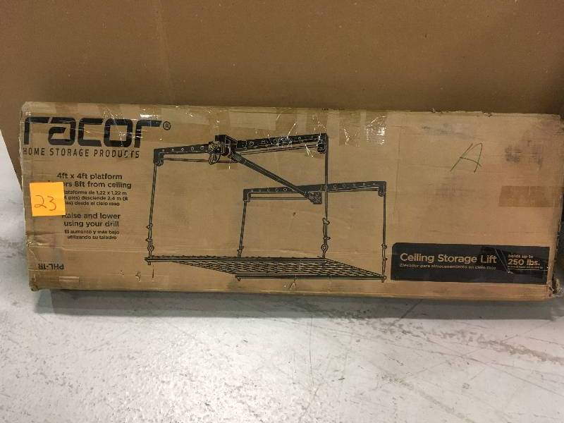 lot 23 image: Racor 250 lb. HeavyLift Ceiling Mount Storage Platform in like new condition