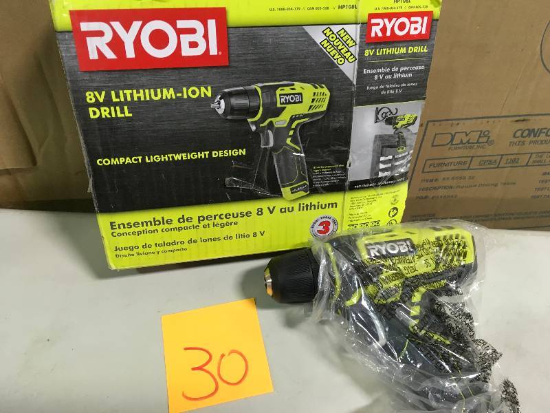 lot 30 image: Ryobi 8-Volt Lithium-Ion Cordless Drill Kit with Charger in like new condition