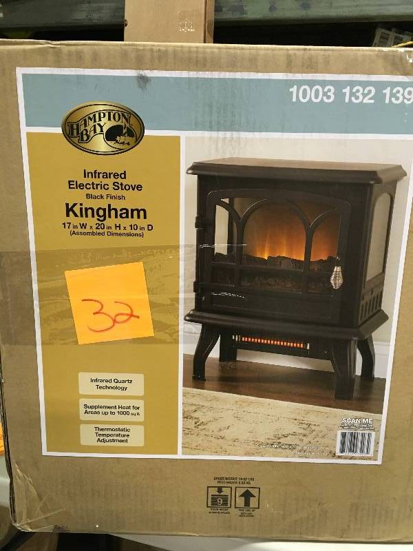 lot 32 image: Hampton Bay Kingham 1,000 sq. ft. Panoramic Infrared Electric Stove in Black with Electronic Thermostat Used in good working cond.
