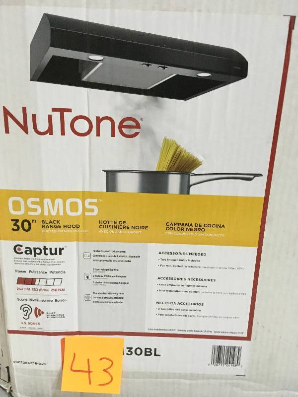 lot 43 image: NuTone RL6200 Series 30 in. Ductless Under Cabinet Range Hood with Light in Black in good working condition