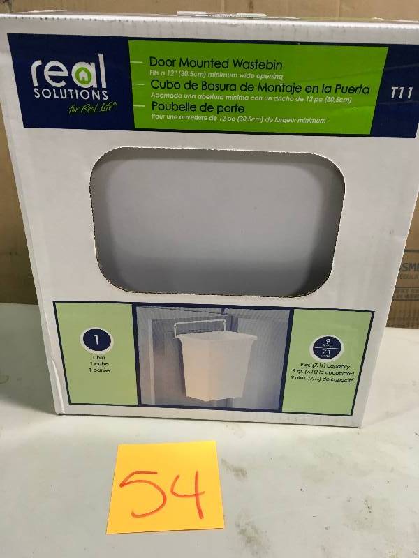 lot 54 image: Real Solutions for Real Life 13 in. H x 10 in. W x 7 in. D Plastic In-Cabinet Door Mount Trash Can in White not used