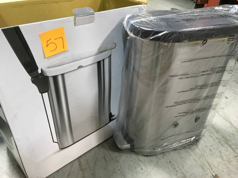 lot 57 image: simplehuman 45-Liter Fingerprint-Proof Brushed Stainless Steel Slim Step-On Trash Can with Black Plastic Lid not used