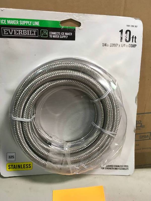 lot 63 image: Everbilt 14 in. x 14 in. x 120 in. Stainless Steel Ice Maker Supply Line in like new condition
