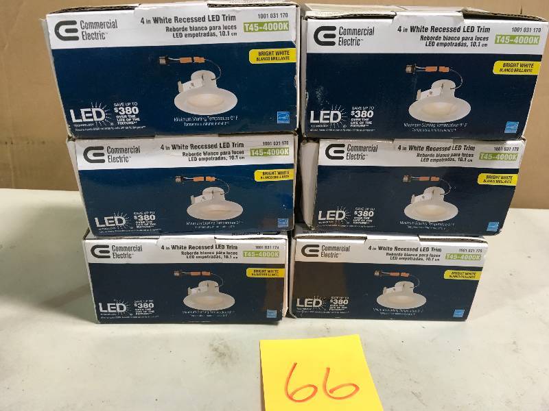 lot 66 image: Commercial Electric 4 in. White Integrated LED Recessed Trim LOT OF 6 not used