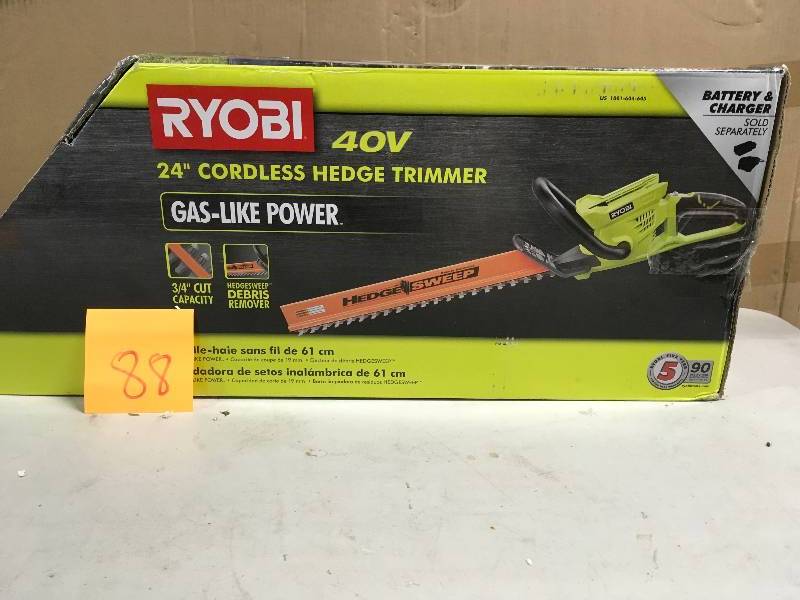 lot 88 image: Ryobi 24 in. 40-Volt Lithium-Ion Cordless Hedge Trimmer - Battery and Charger Not Included in like new condition