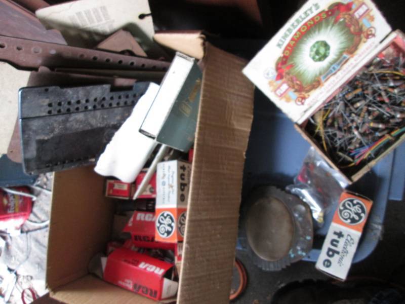 lot 87 image: Box of radio parts and tubes, as pi...