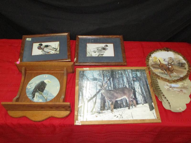 lot 20 image: Duck pictures, deer picture, Pheasant deer Art and Eagle Clock