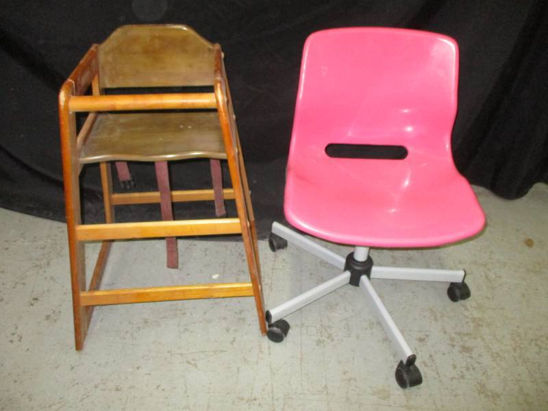 lot 66 image: pink office chair and Highchair