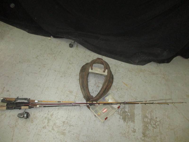 lot 72 image: Horse collar, fishing rods, tackle box