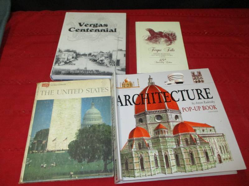 lot 96 image: Books, Vergas Centenial, Fergus Falls Highschool Alumni Directory, The United States and Architecture Book