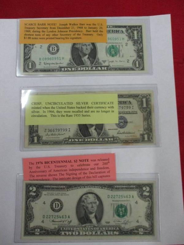 lot 114 image: 1935 Silver Certificate, , 1963 Barr Not, 1976 $2.00 note