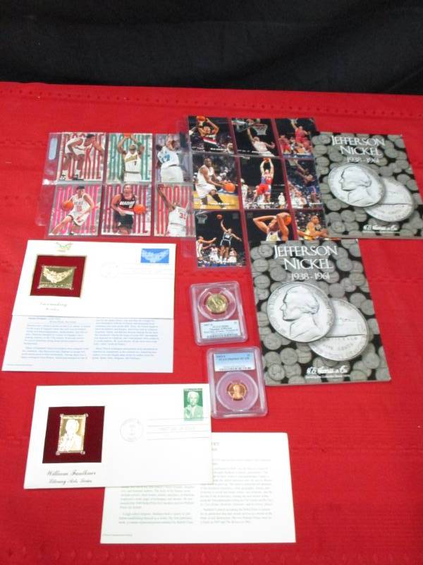 lot 116 image: 2 Jefferson Nickel Saver Book empty, Proof Penny, mS66 Dollar, $2.00 Gold Plated Stamps and 18 Basketball Cards