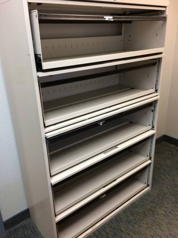 lot 26 image: MSRP $1200 METAL FIVE DOOR LATERAL FILING SYSTEM ROLL OUT SLIDE OUT SHELVES FOR FAST ORGANIZING - EXCELLENT CONDITION