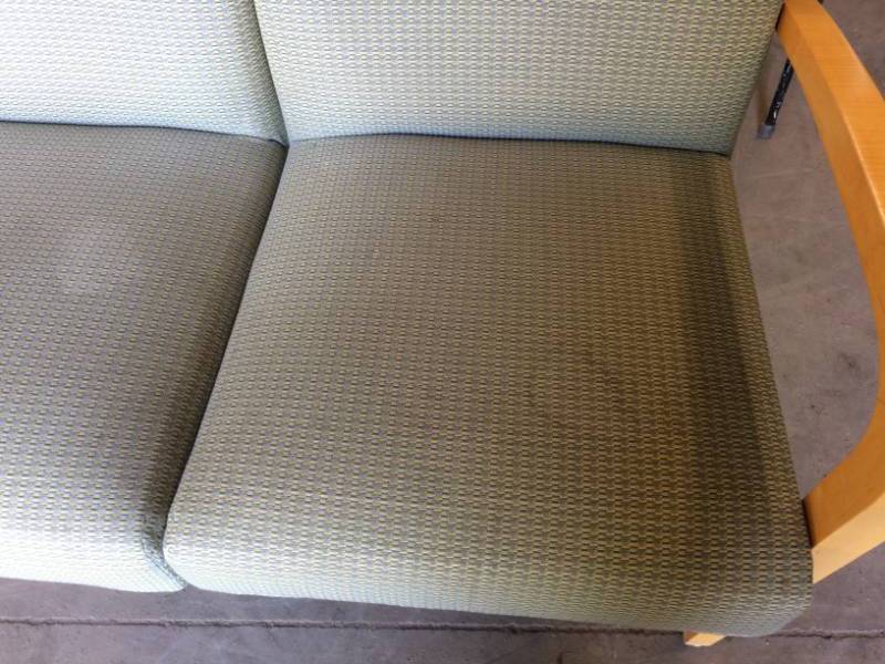 lot 54 image: MSRP $3500 HIGH QUALITY NEMSCHOFF PROFESSIONAL WOOD & UPHOLSTERED OPEN ARM&nbspDOUBLE SEAT GUEST CHAIR - SEAT CUSHIONS HAVE STAINS