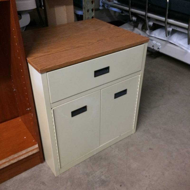 lot 70 image: WOOD LAMINATE TOP 2 DOOR 1 DRAWER STEEL CABINET GREAT CONDITION